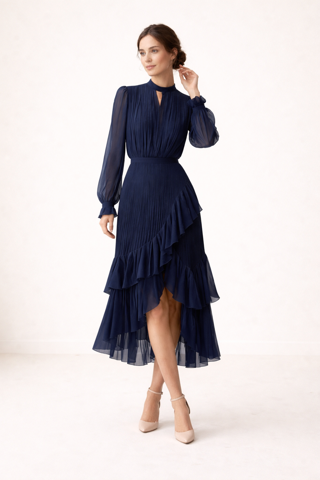 Pleated Midi Dress With Long Sleeves Defined Waist Feminine Silhouette – Selorani
