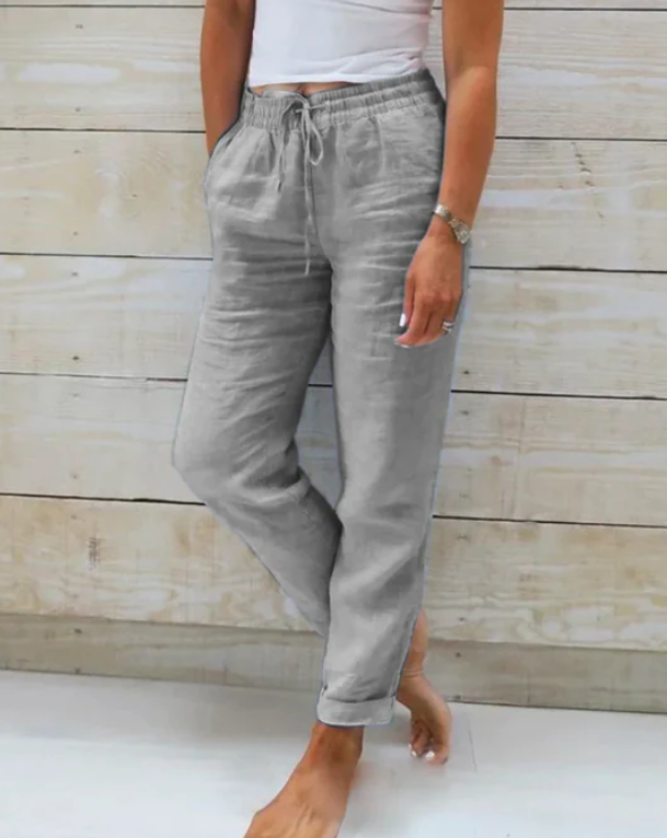 Linen Pants With Elastic Waistband And Drawstring Mid Rise Straight Fit