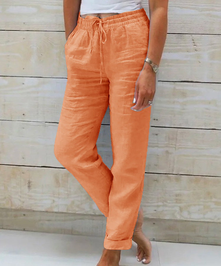 Linen Pants With Elastic Waistband And Drawstring Mid Rise Straight Fit