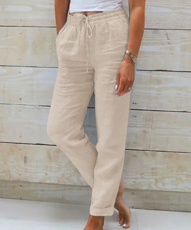 Linen Pants With Elastic Waistband And Drawstring Mid Rise Straight Fit