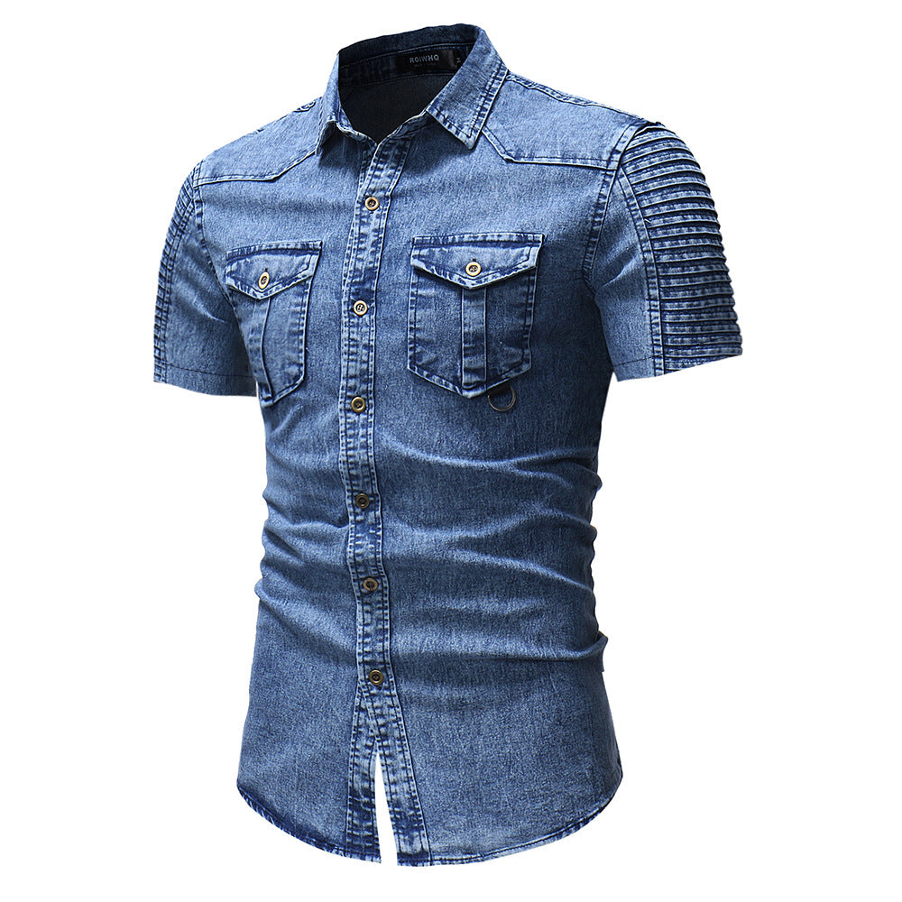 Blue Denim Shirt Short Sleeve Slim Fit With Button Front And Chest Pockets
