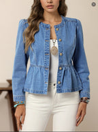 Jeans Jacket With Waist Ruffles, Casual Elegant Denim Outerwear For All Seasons