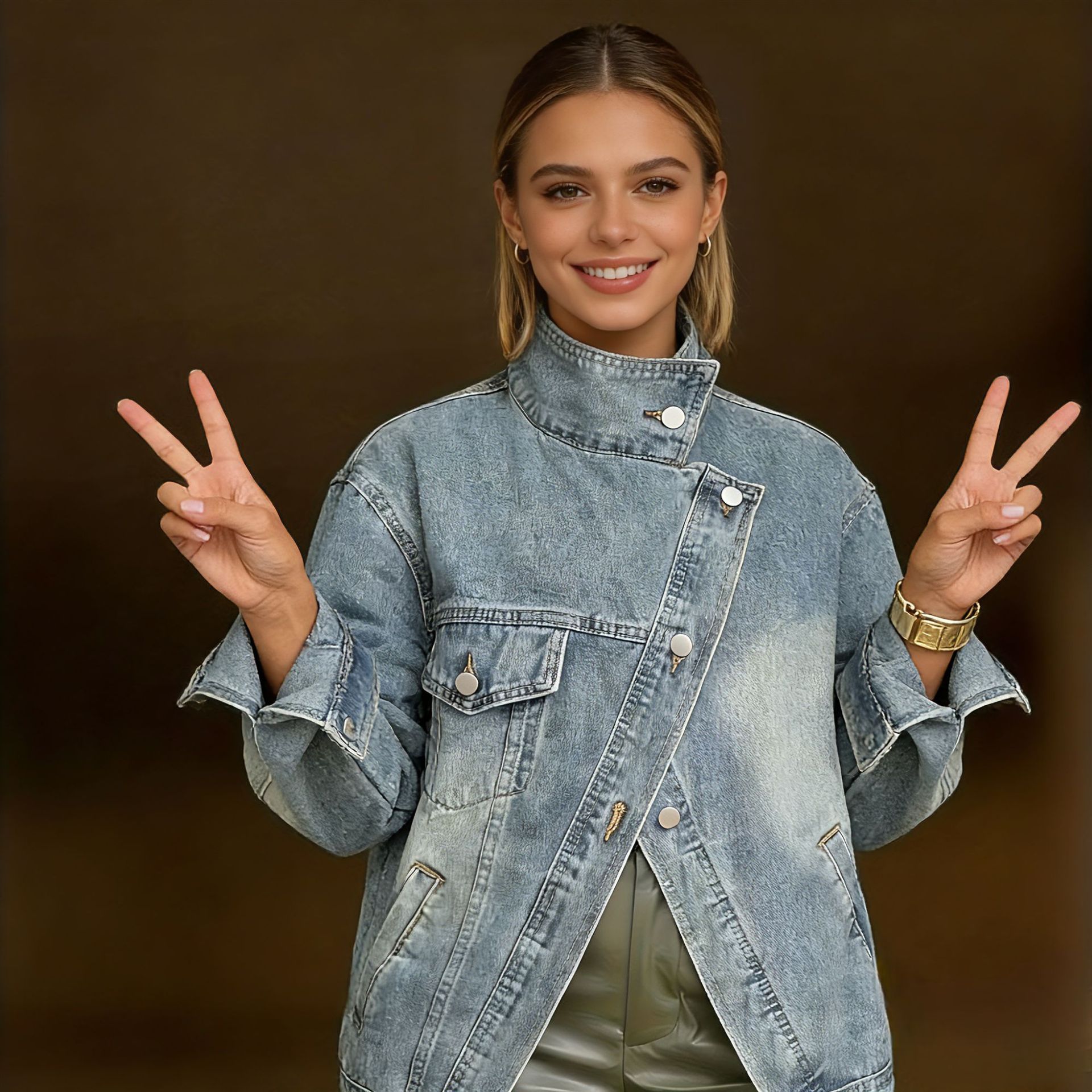 Oversized Denim Jacket High Collar