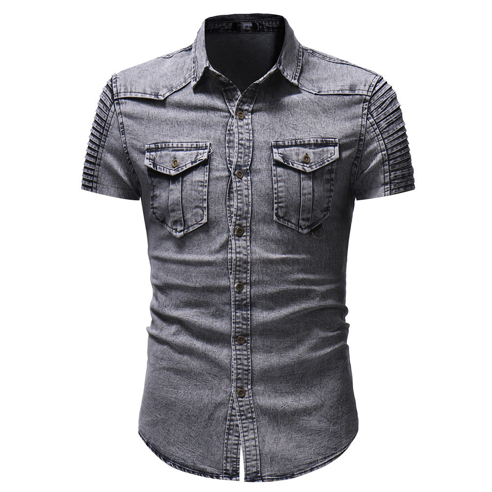 Blue Denim Shirt Short Sleeve Slim Fit With Button Front And Chest Pockets