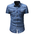 Blue Denim Shirt Short Sleeve Slim Fit With Button Front And Chest Pockets