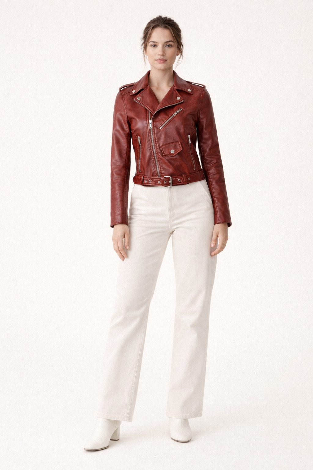 Faux Leather Biker Jacket Slim Fit Zipper Belt Details Modern Finish