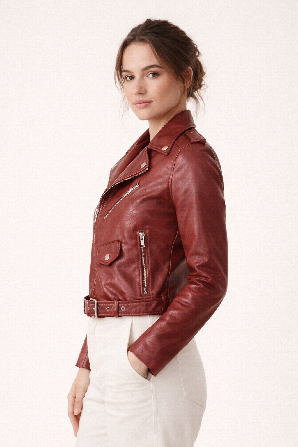 Faux Leather Biker Jacket Slim Fit Zipper Belt Details Modern Finish
