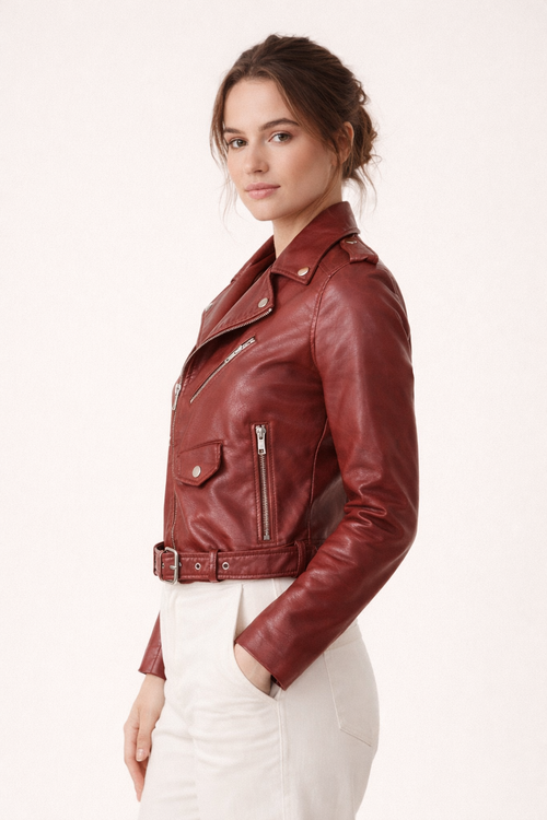 Faux Leather Biker Jacket Slim Fit Zipper Belt Details Modern Finish