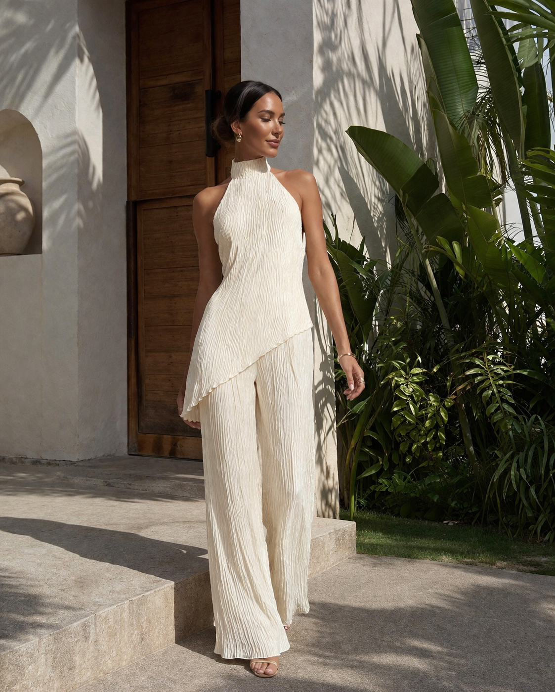 Two Piece Set Asymmetric Pleated Top And Wide Draped Pants Elegant Silhouette