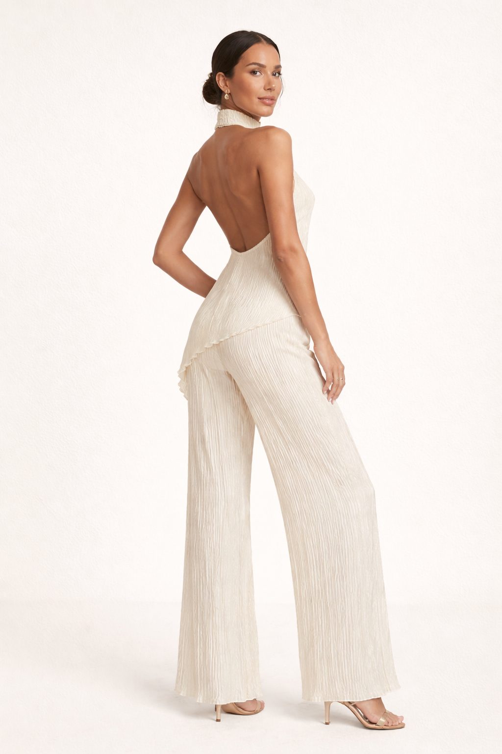 Two Piece Set Asymmetric Pleated Top And Wide Draped Pants Elegant Silhouette