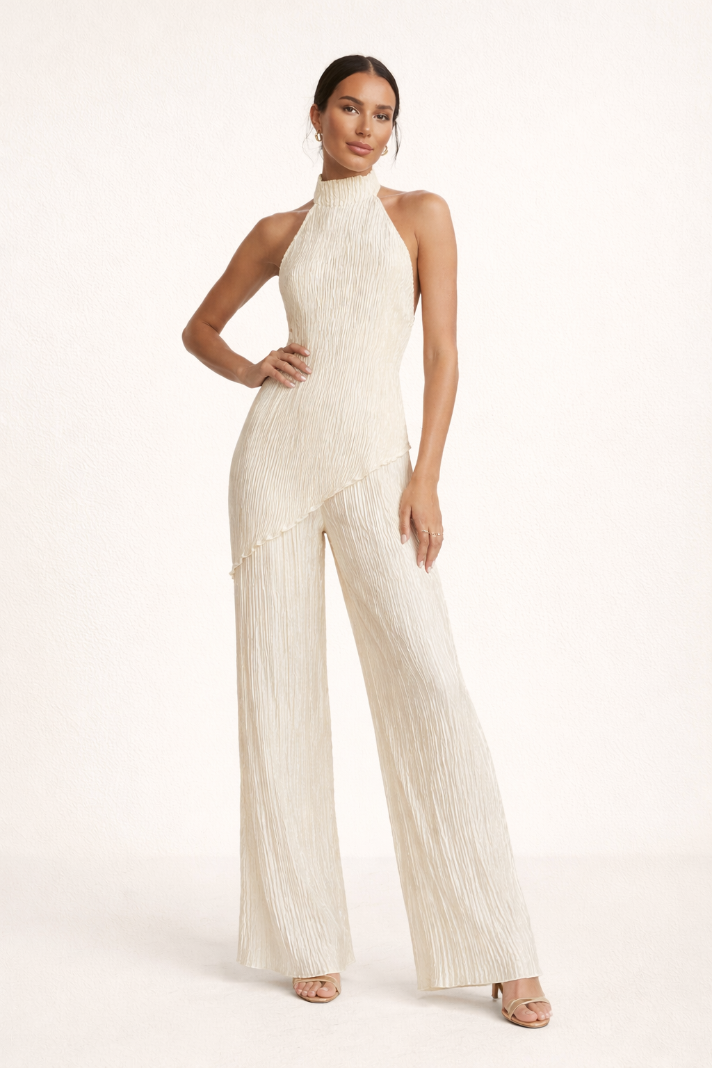 Two Piece Set Asymmetric Pleated Top And Wide Draped Pants Elegant Silhouette