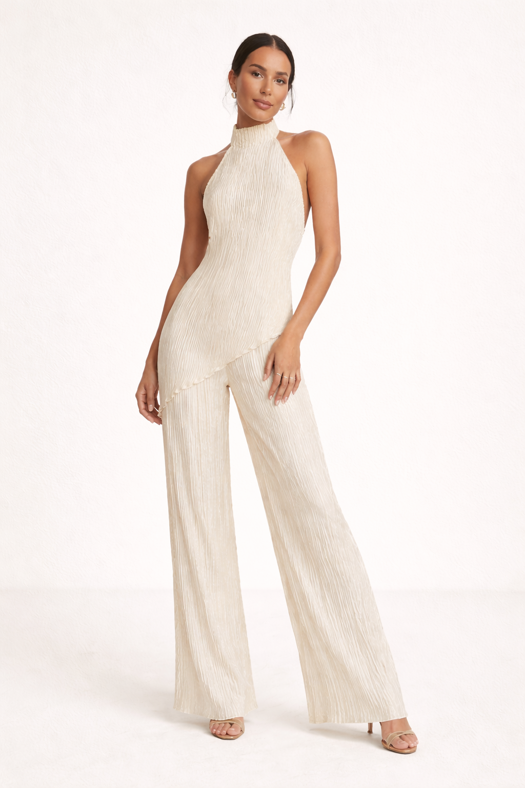 Two Piece Set Asymmetric Pleated Top And Wide Draped Pants Elegant Silhouette