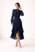 Pleated Midi Dress With Long Sleeves Defined Waist Feminine Silhouette Asymmetric Ruffle Skirt