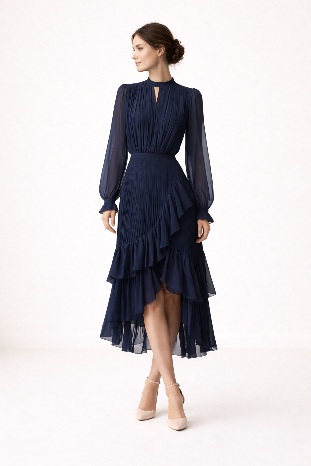 Pleated Midi Dress With Long Sleeves Defined Waist Feminine Silhouette Asymmetric Ruffle Skirt