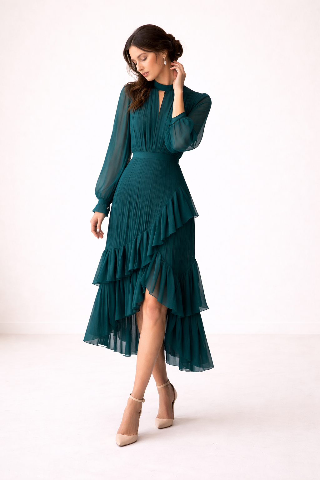 Pleated Midi Dress With Long Sleeves Defined Waist Feminine Silhouette Asymmetric Ruffle Skirt
