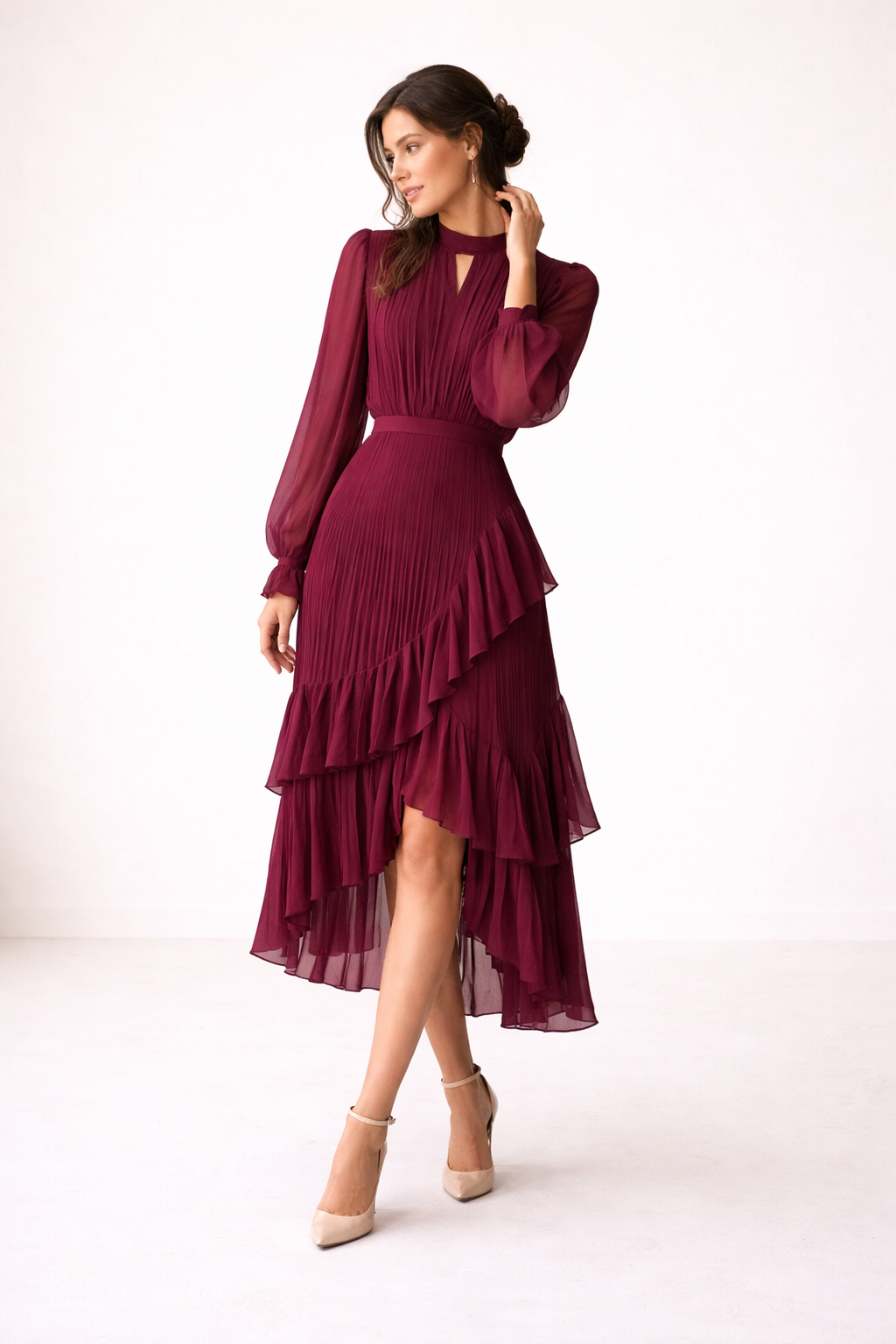 Pleated Midi Dress With Long Sleeves Defined Waist Feminine Silhouette Asymmetric Ruffle Skirt