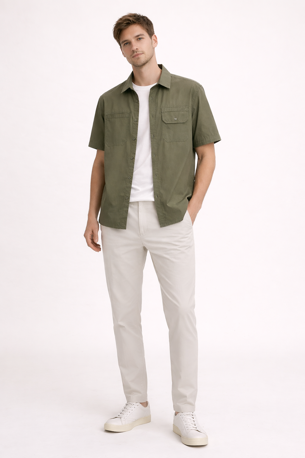Short Sleeve Shirt With Front Pockets Button Front Straight Fit
