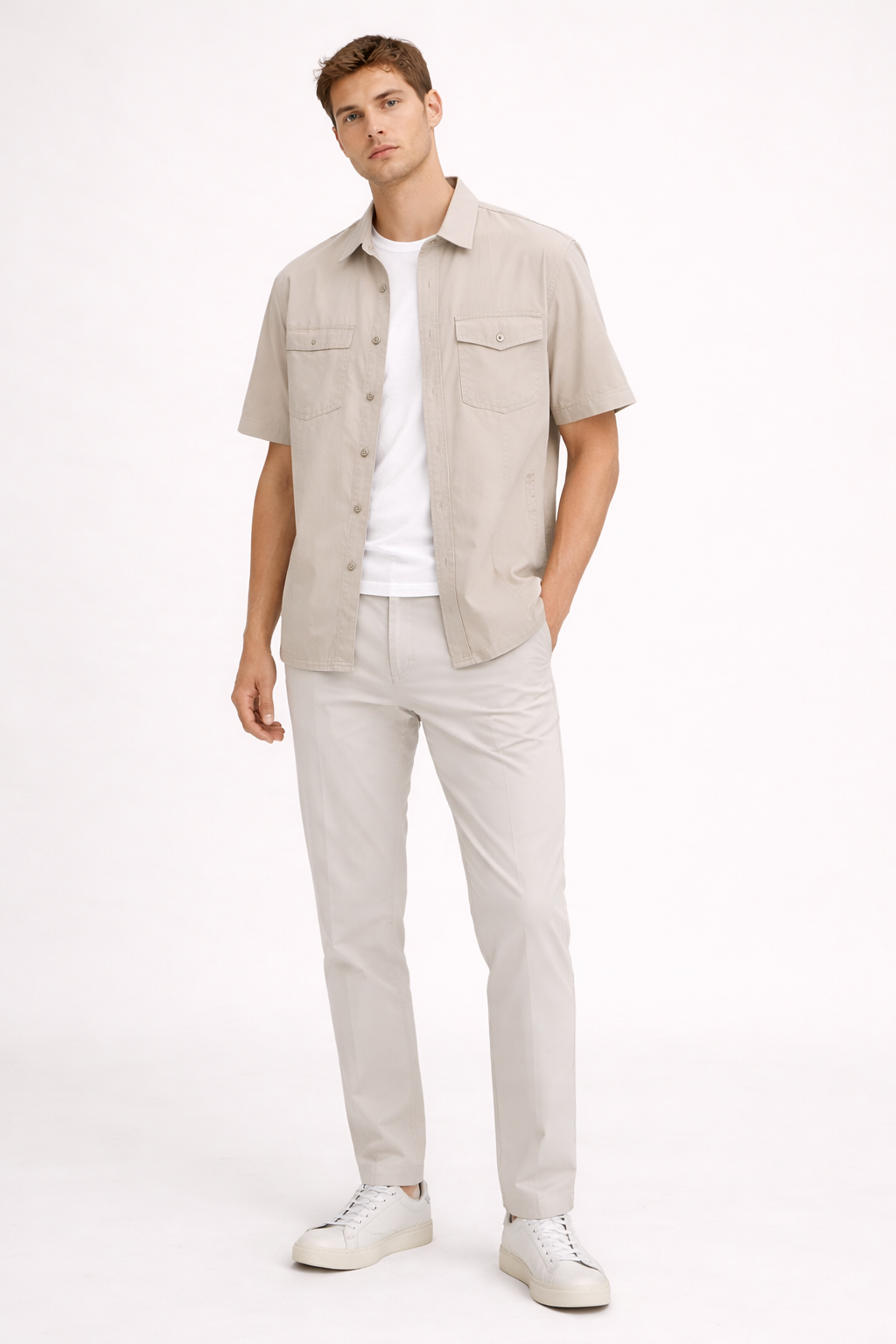 Short Sleeve Shirt With Front Pockets Button Front Straight Fit