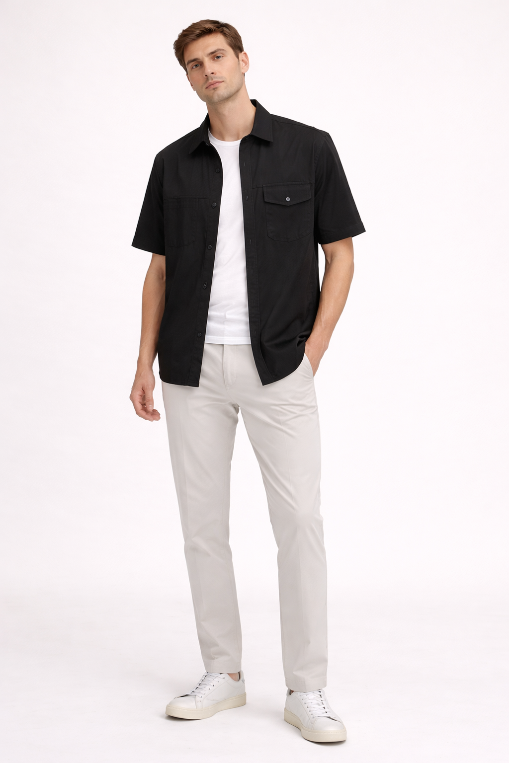 Short Sleeve Shirt With Front Pockets Button Front Straight Fit