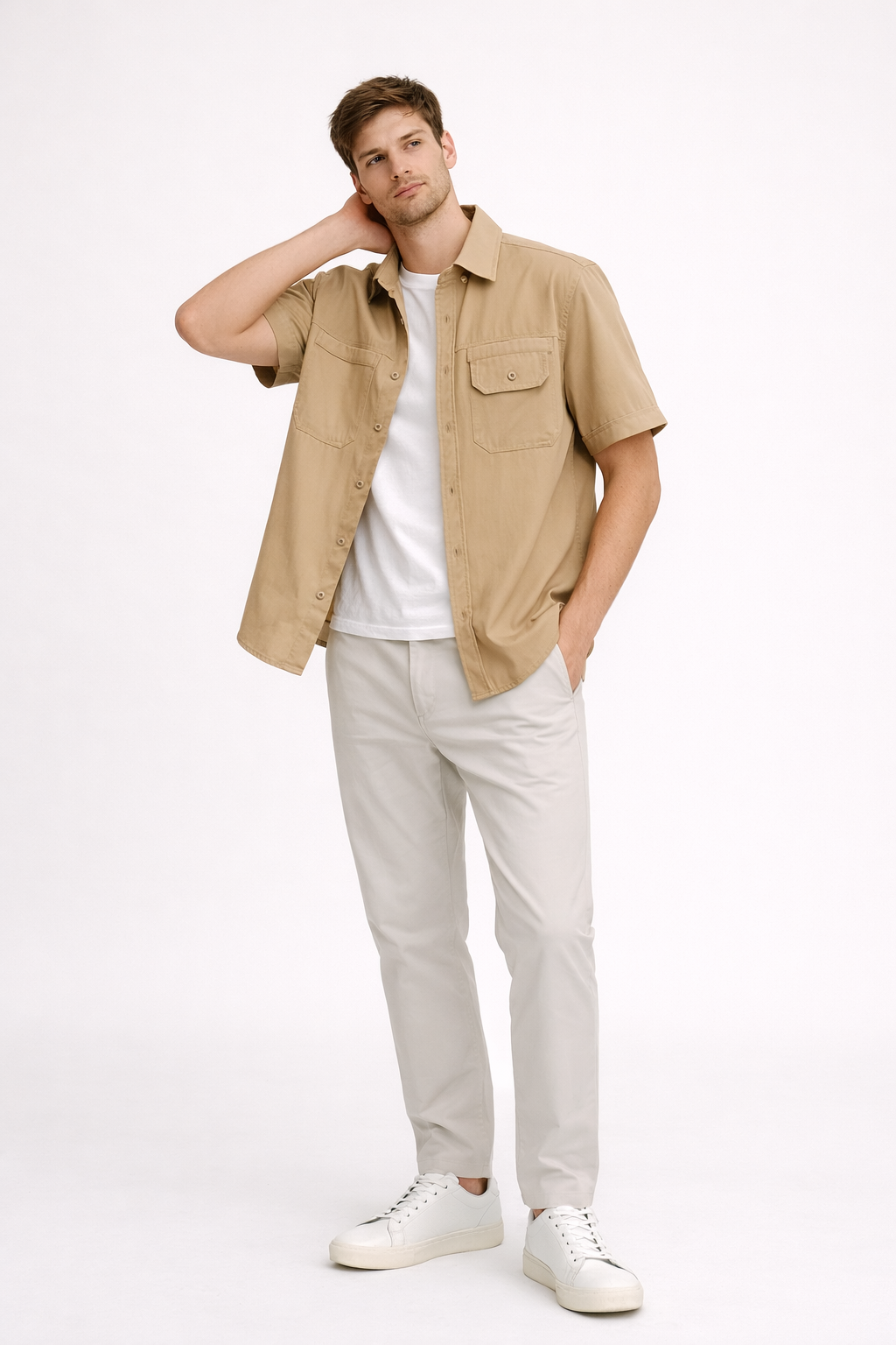 Short Sleeve Shirt With Front Pockets Button Front Straight Fit