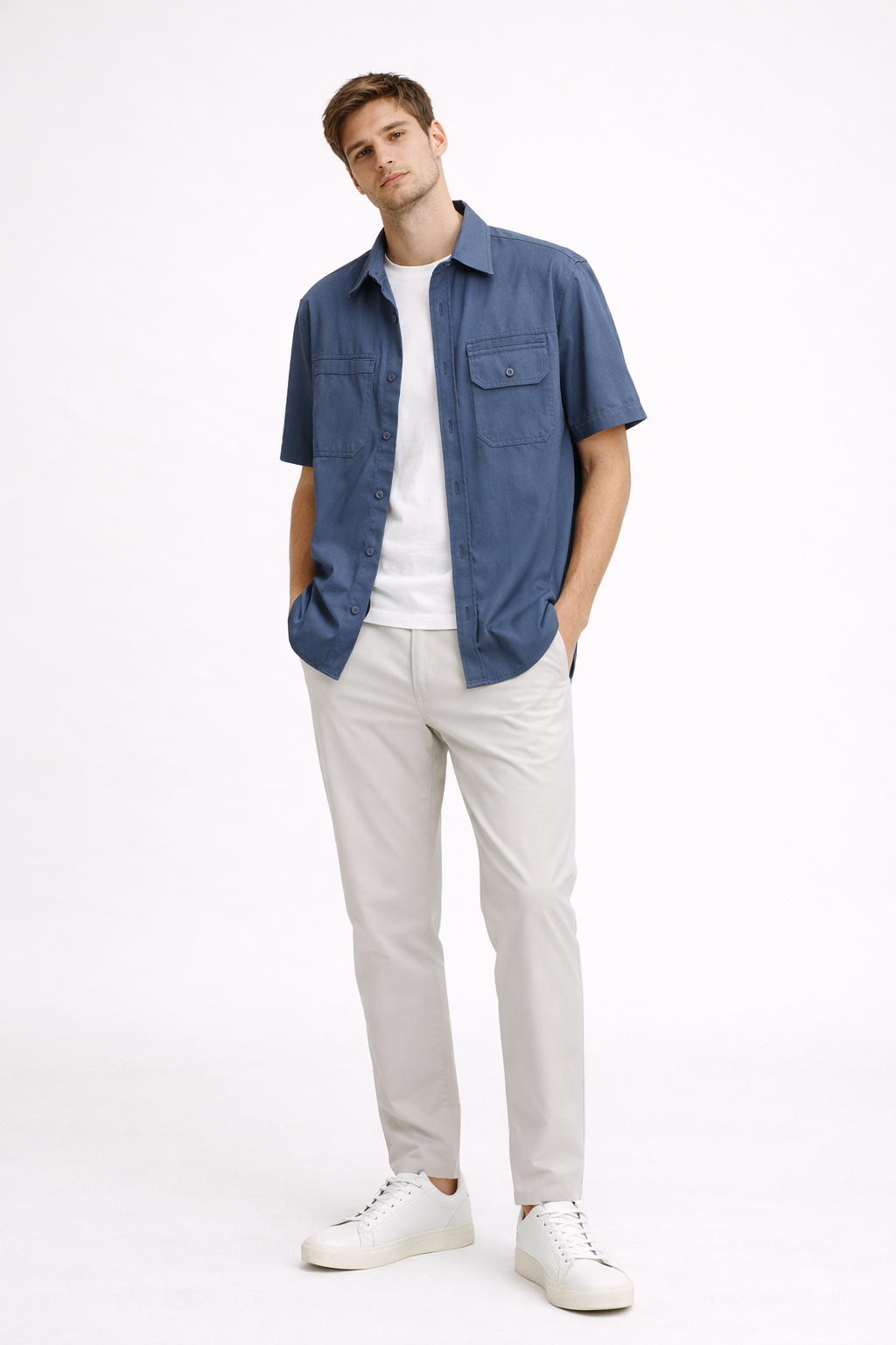 Short Sleeve Shirt With Front Pockets Button Front Straight Fit