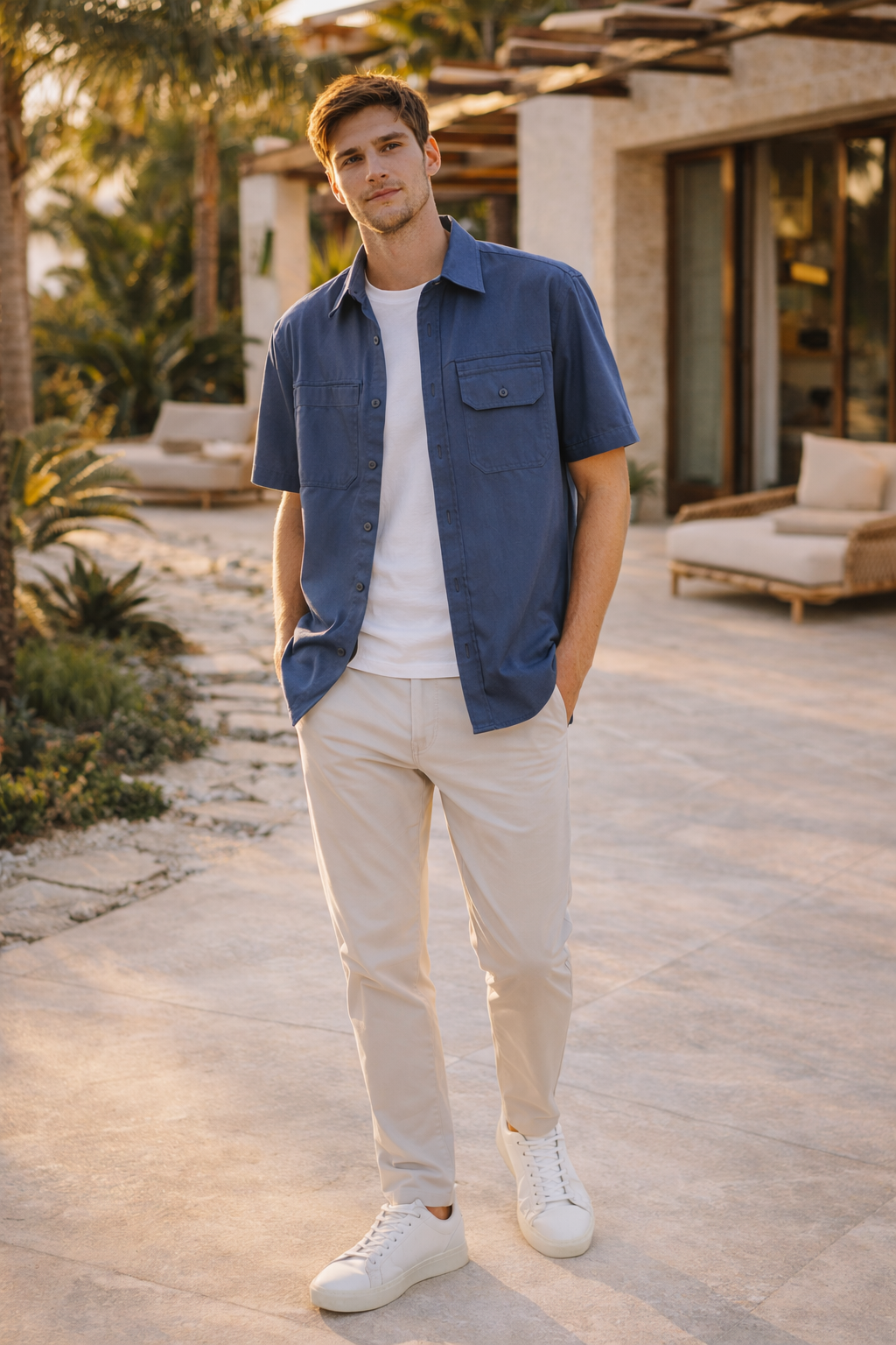 Short Sleeve Shirt With Front Pockets Button Front Straight Fit