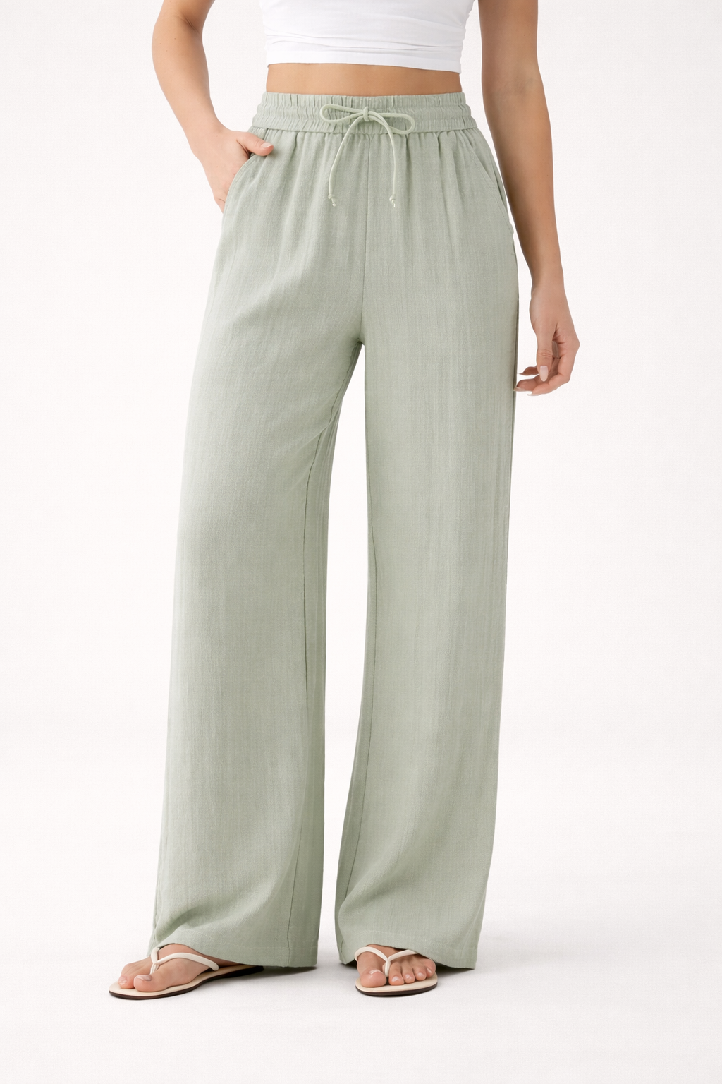 Linen Wide Leg Pants Elastic Waist And Adjustable Drawstring
