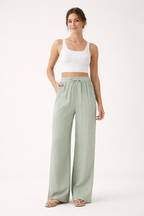 Linen Wide Leg Pants Elastic Waist And Adjustable Drawstring