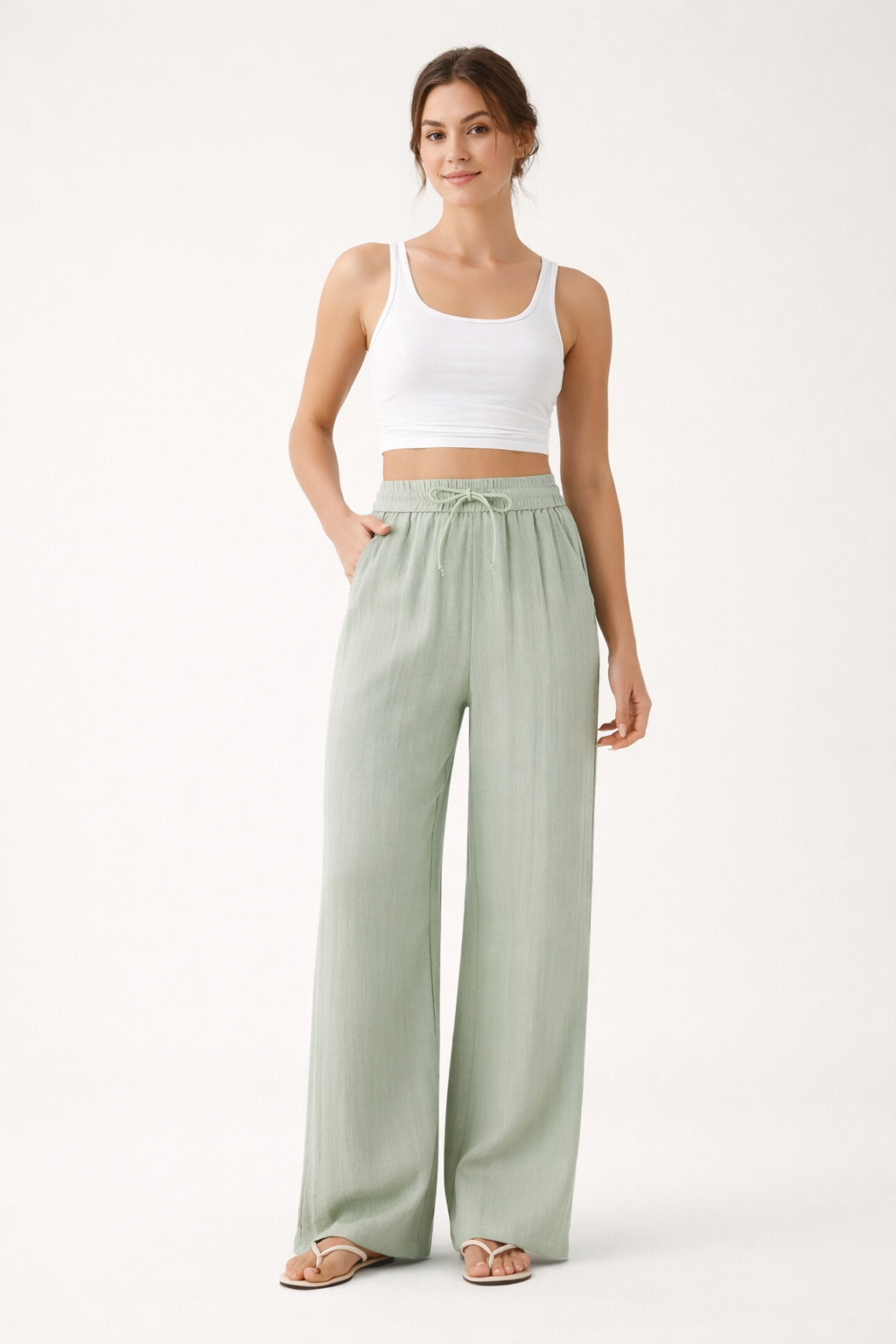 Linen Wide Leg Pants Elastic Waist And Adjustable Drawstring