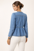 Jeans Jacket With Waist Ruffles, Casual Elegant Denim Outerwear For All Seasons