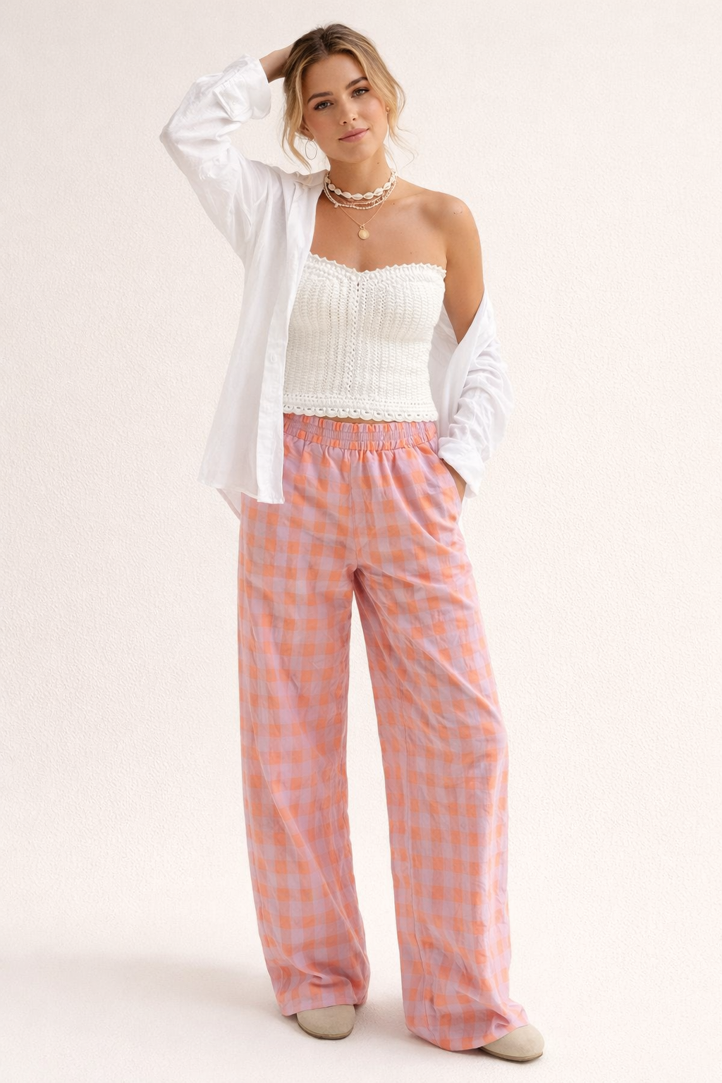 Plaid High-Waist Straight-Leg Trousers