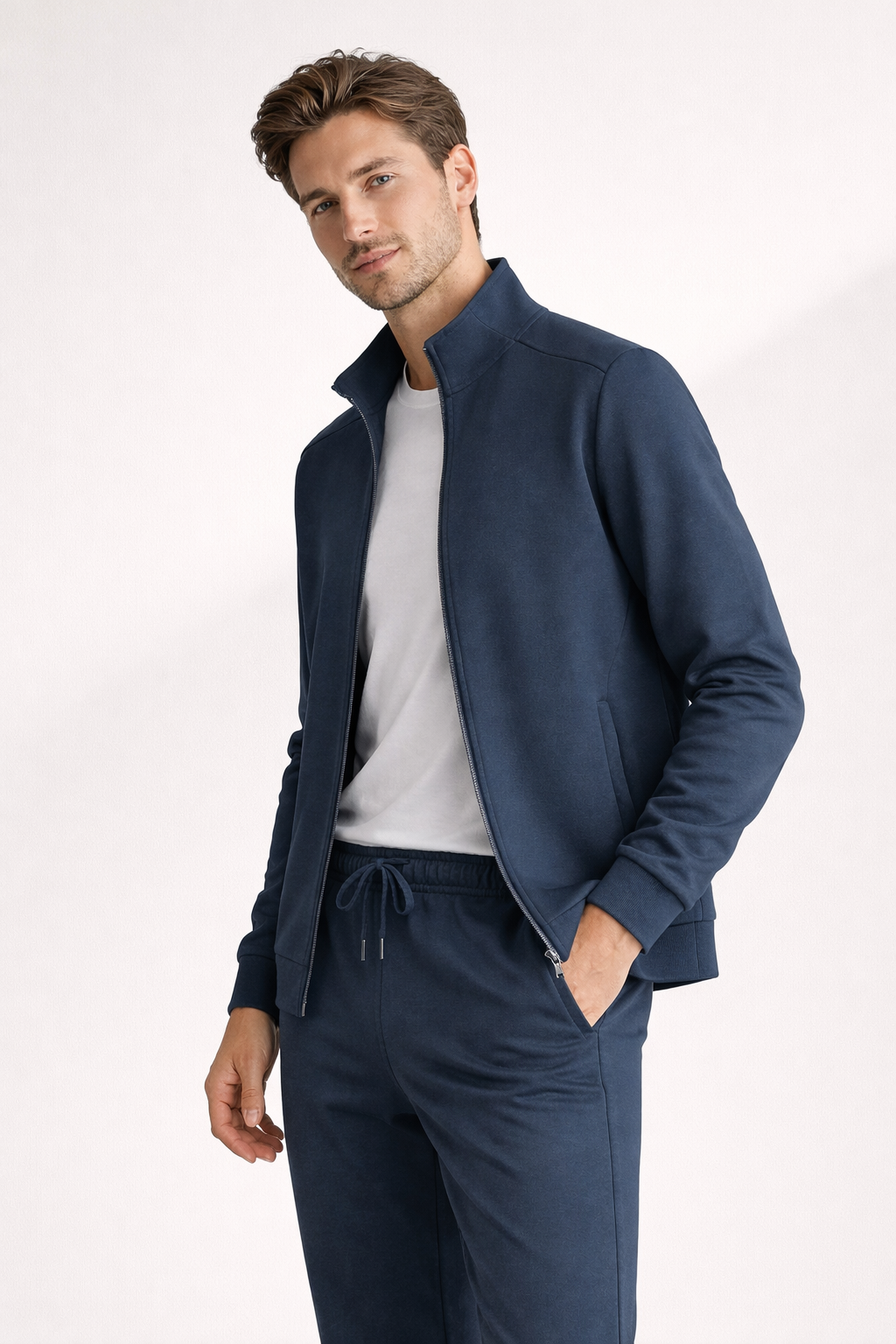 Sports Set With Front Zipper Jacket And Straight Leg Trousers
