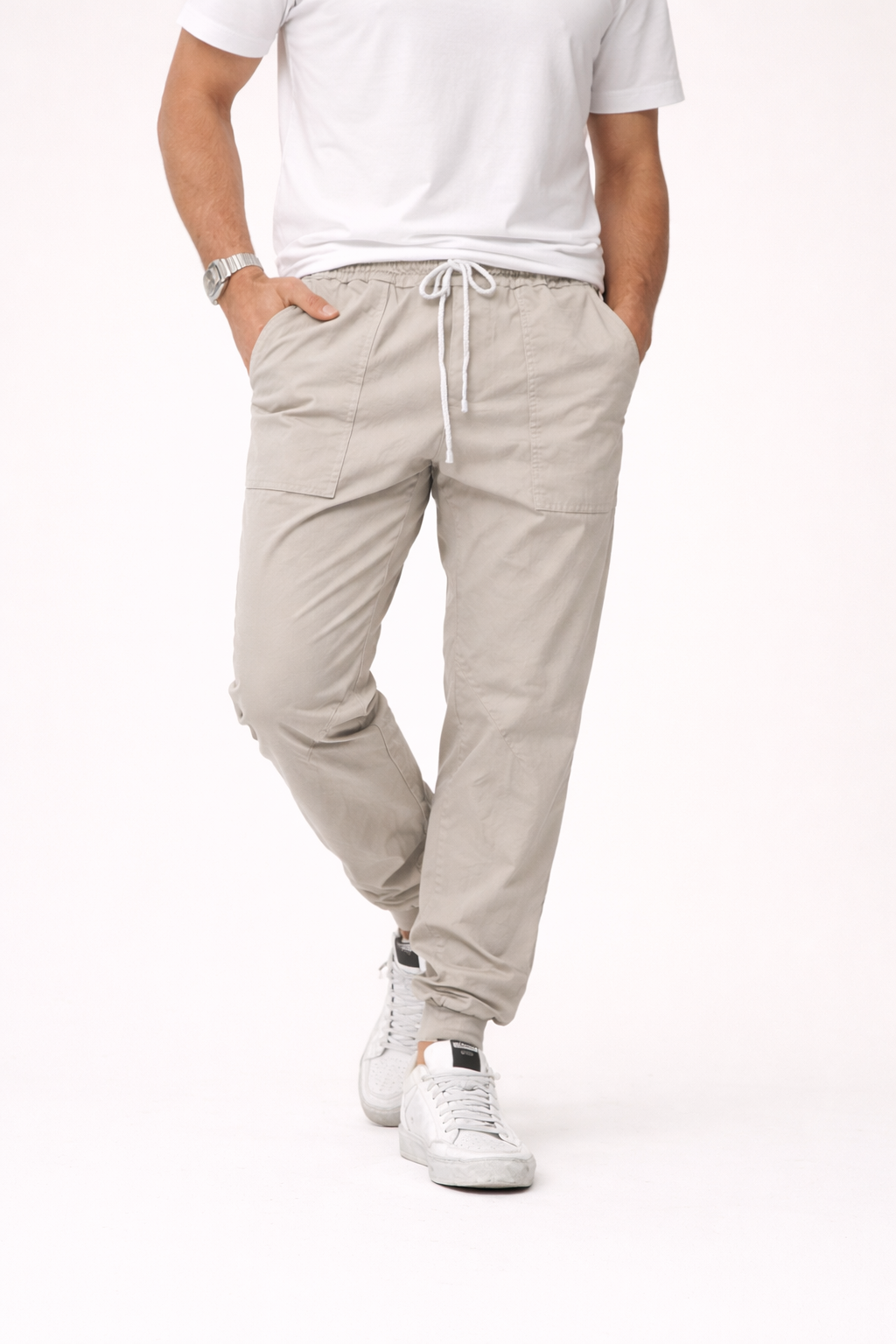 Tapered Joggers With Elastic Waistband And Front Drawstring And Spacious Pockets