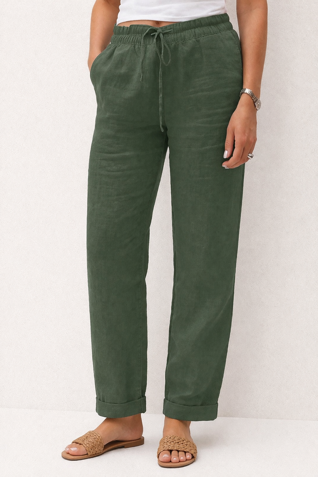 Linen Pants With Elastic Waistband And Drawstring Mid Rise Straight Fit
