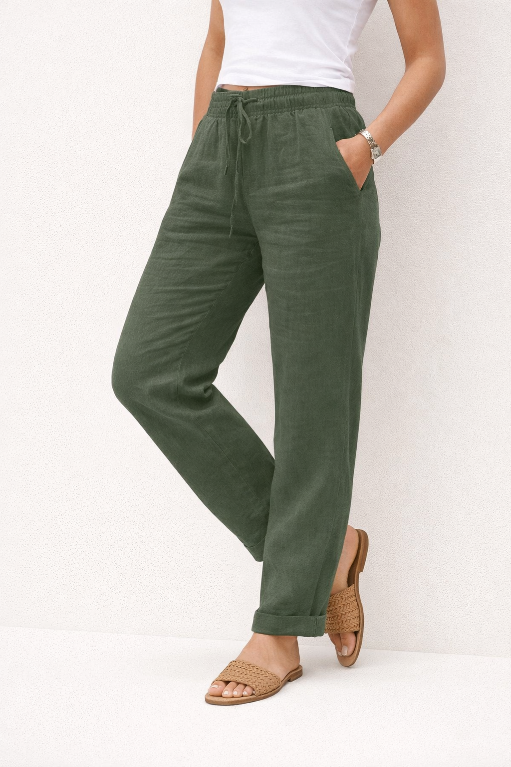 Linen Pants With Elastic Waistband And Drawstring Mid Rise Straight Fit