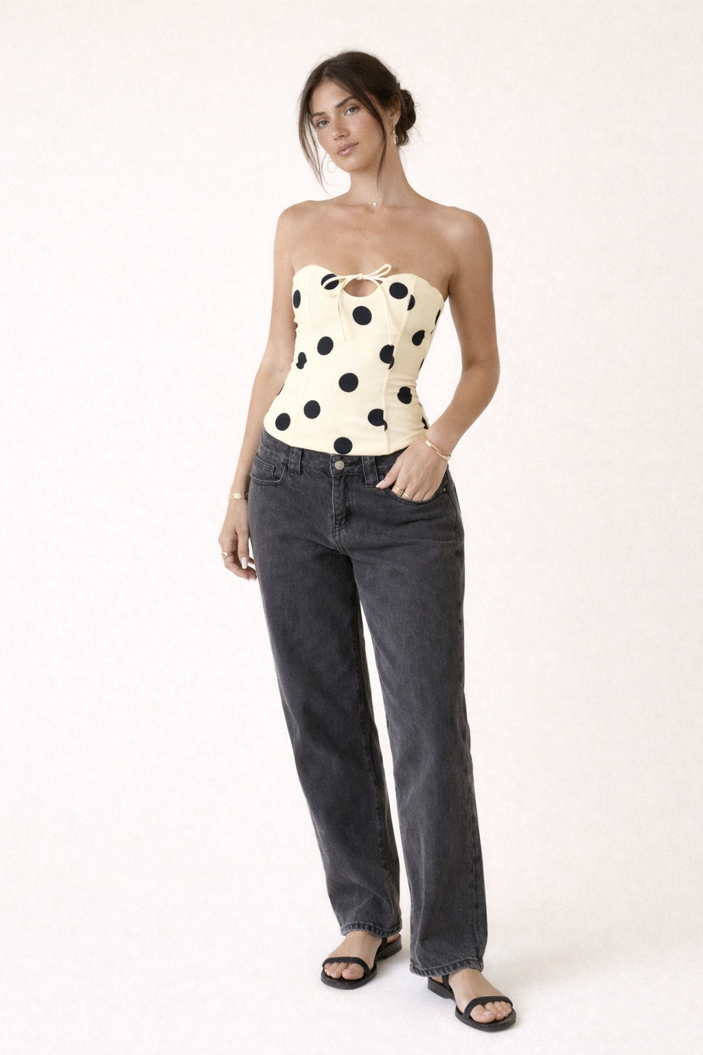 Polka Dot Print Party Corset Top Strapless Bodice With Front Bow And Fitted Silhouette