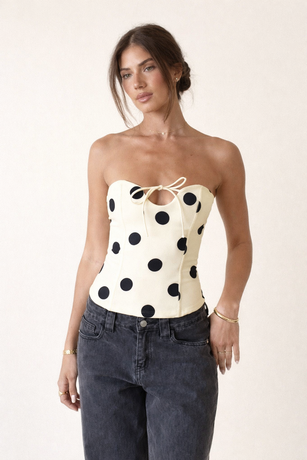 Polka Dot Print Party Corset Top Strapless Bodice With Front Bow And Fitted Silhouette
