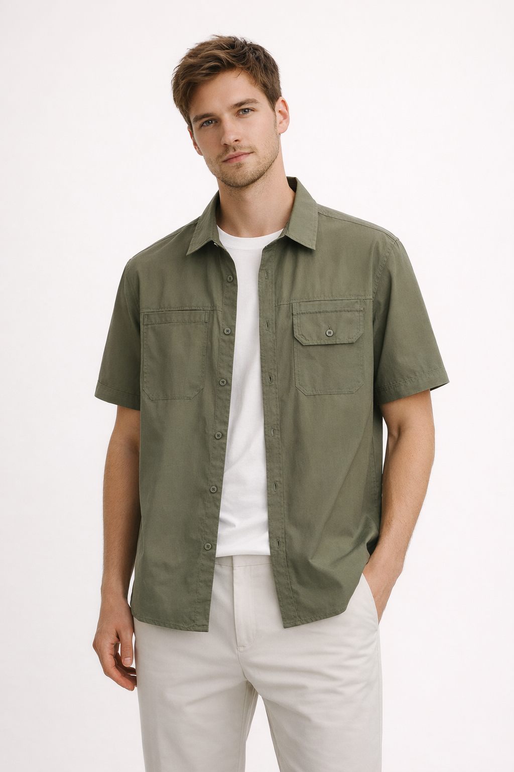Short Sleeve Shirt With Front Pockets Button Front Straight Fit