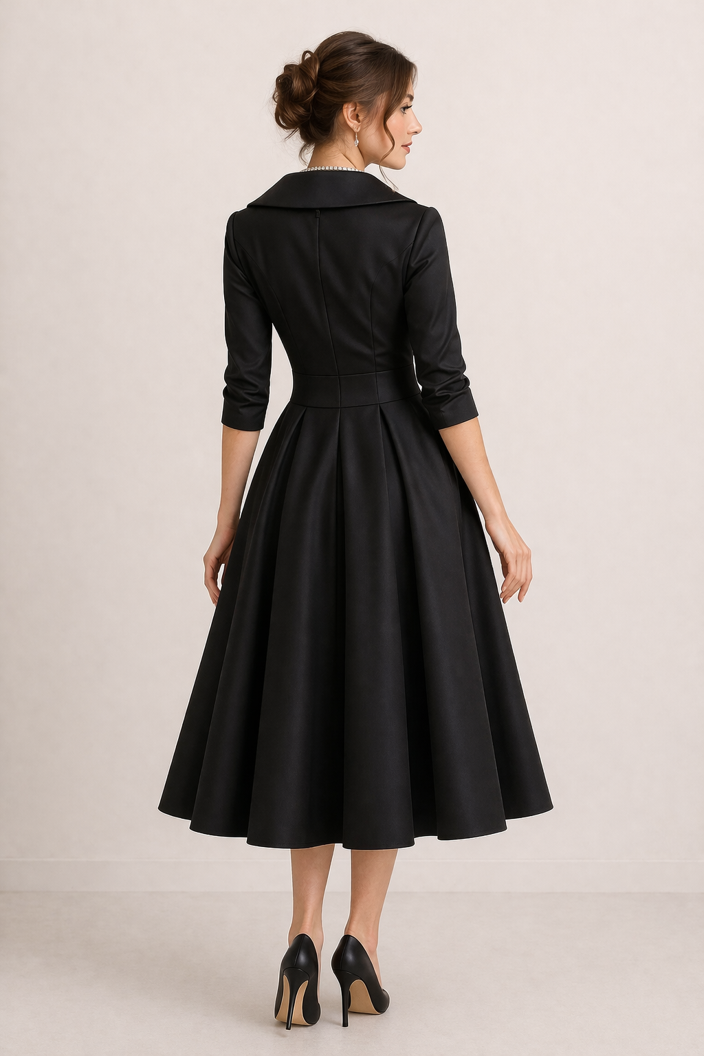 Midi Dress With Cross Over Neckline And High Waist And Three Quarter Sleeves