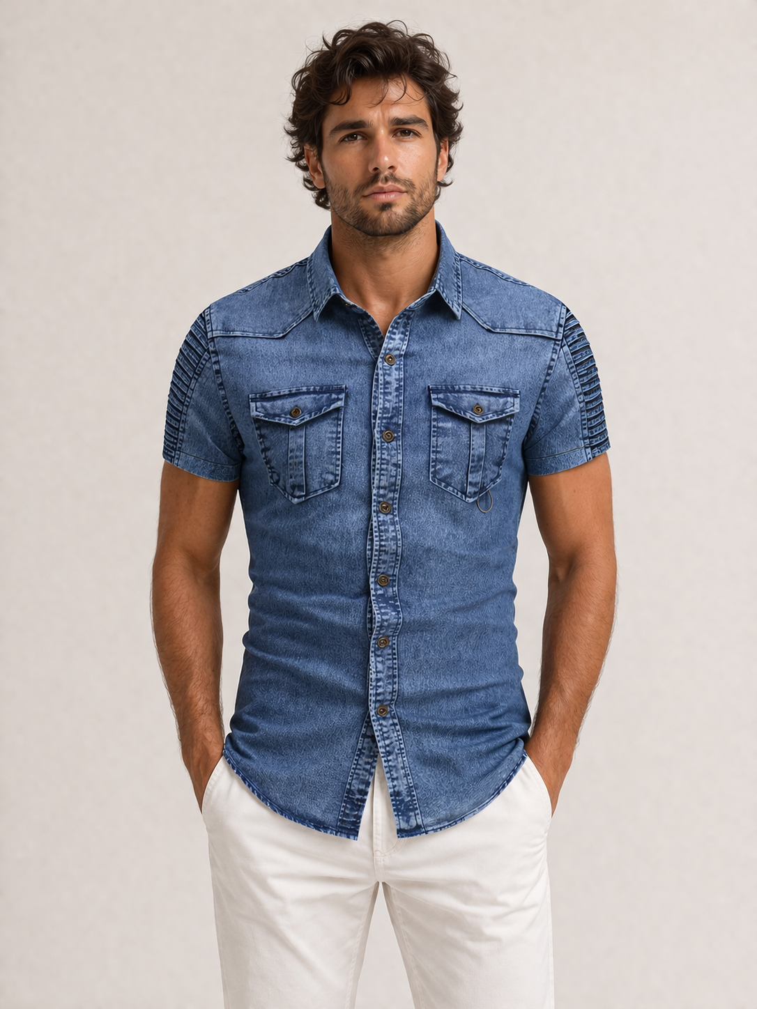 Blue Denim Shirt Short Sleeve Slim Fit With Button Front And Chest Pockets