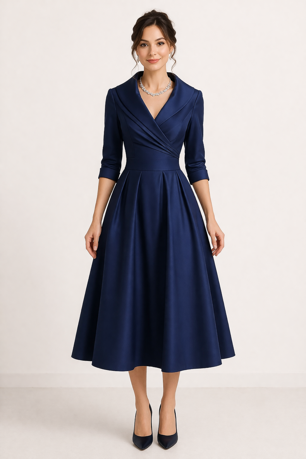 Midi Dress With Cross Over Neckline And High Waist And Three Quarter Sleeves