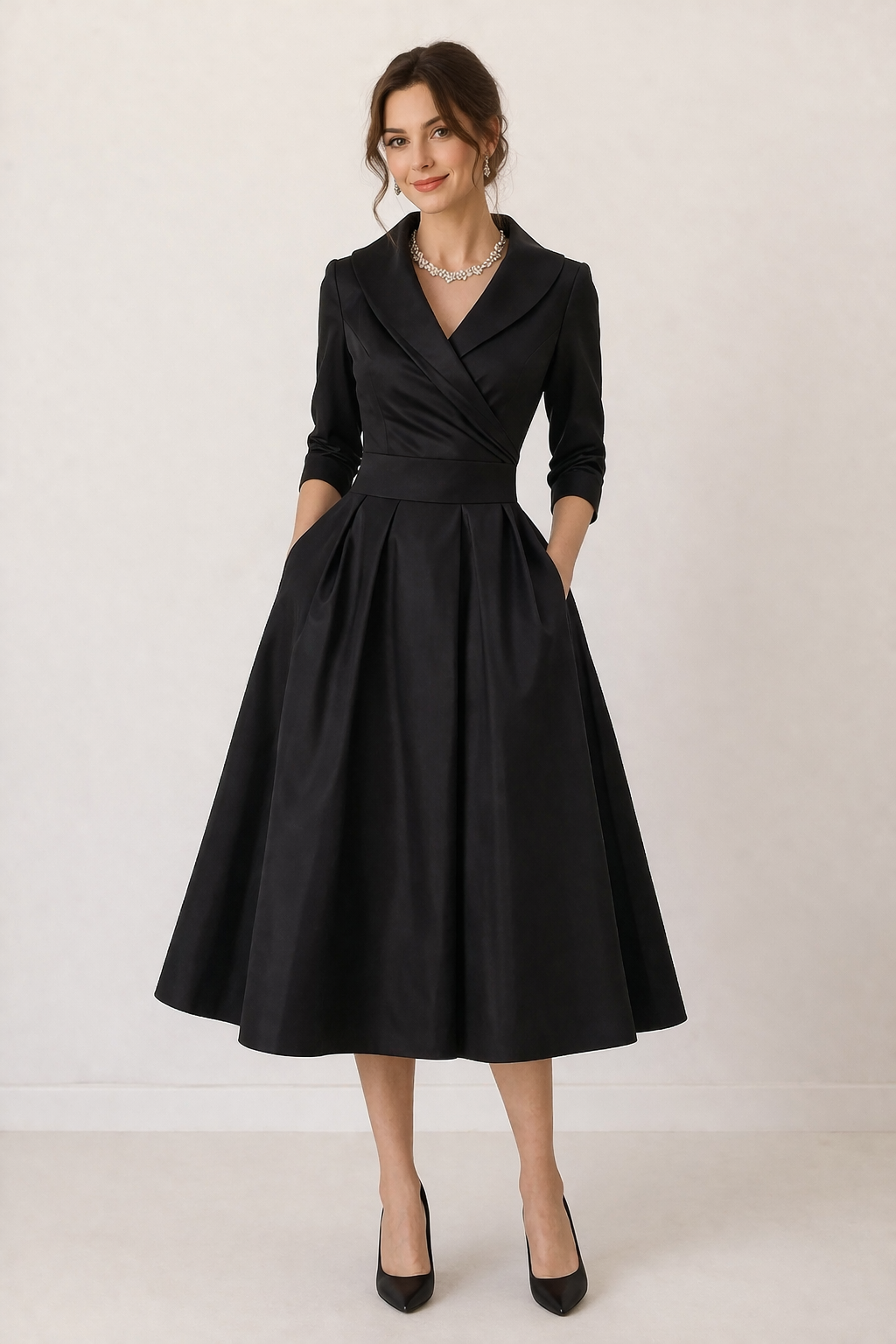 Midi Dress With Cross Over Neckline And High Waist And Three Quarter Sleeves