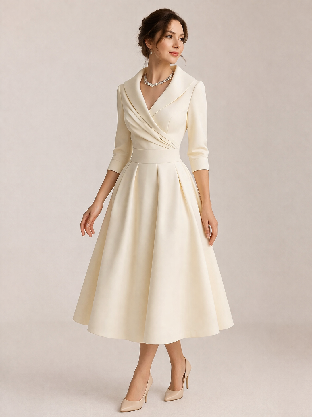 Midi Dress With Cross Over Neckline And High Waist And Three Quarter Sleeves