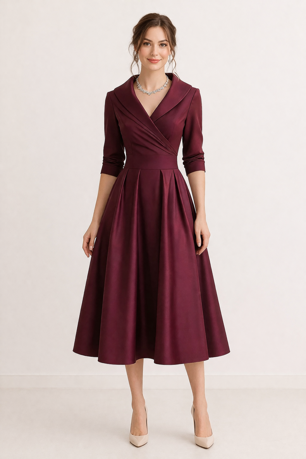 Midi Dress With Cross Over Neckline And High Waist And Three Quarter Sleeves