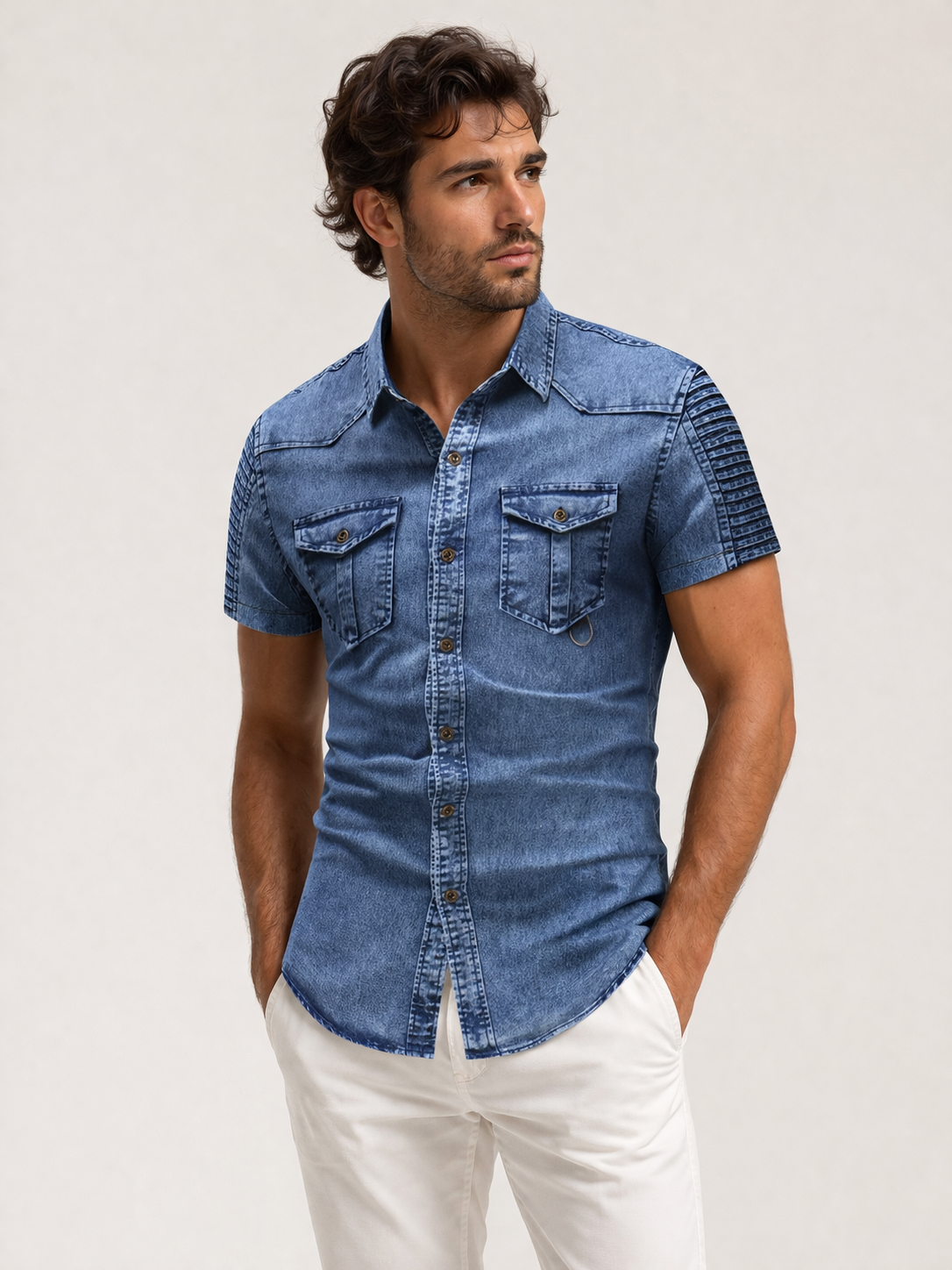 Blue Denim Shirt Short Sleeve Slim Fit With Button Front And Chest Pockets