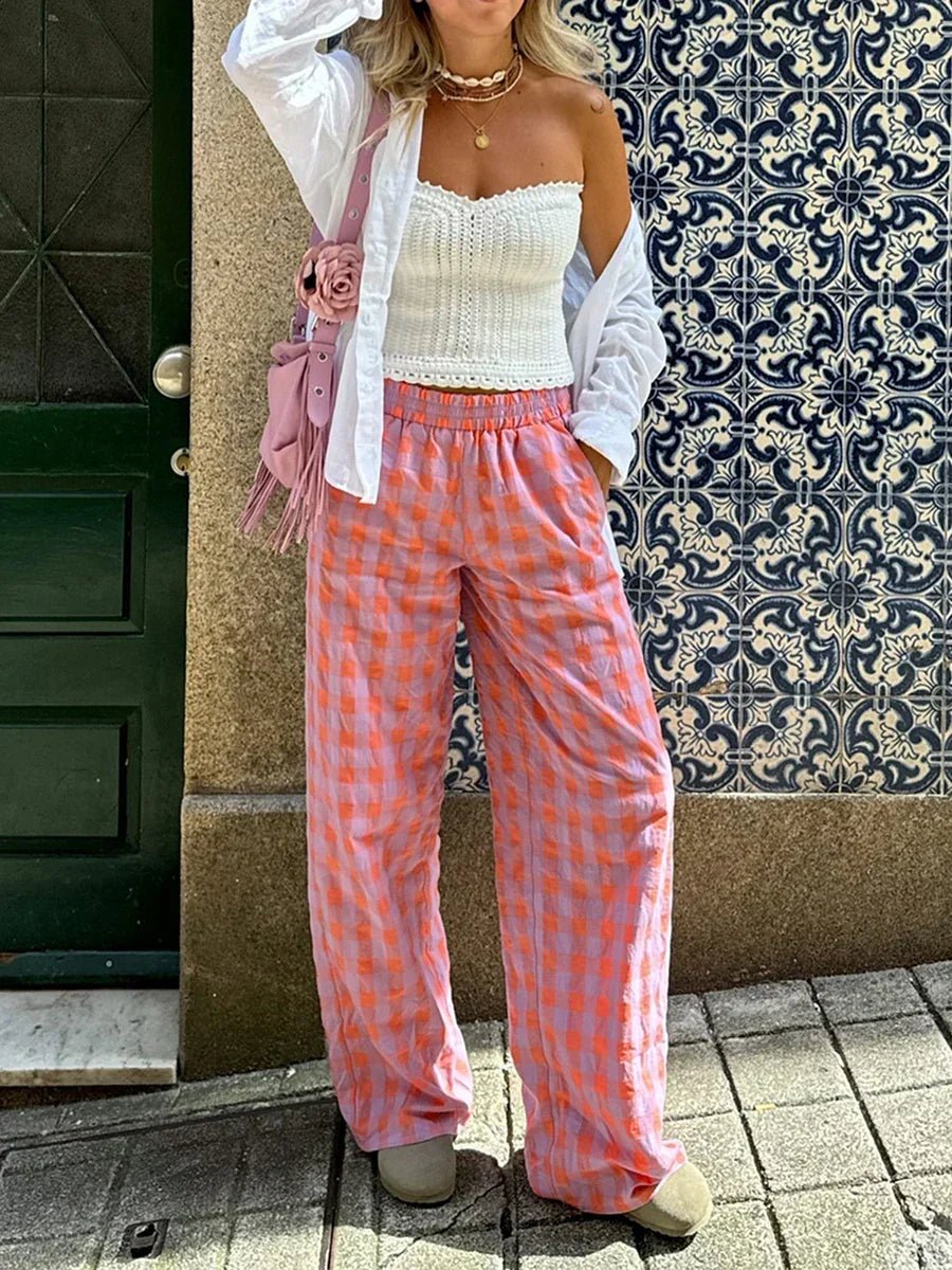 Plaid High-Waist Straight-Leg Trousers
