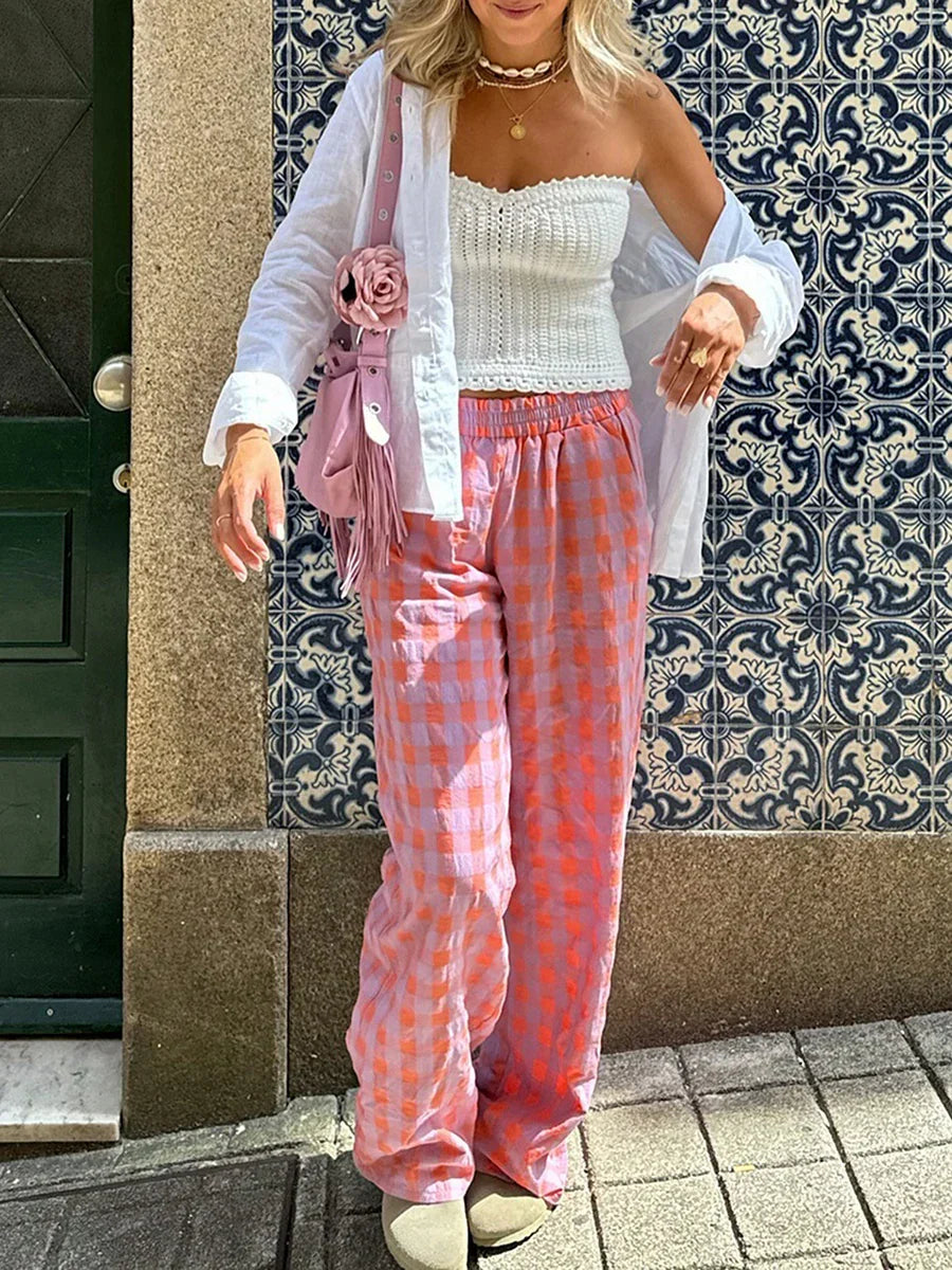 Plaid High-Waist Straight-Leg Trousers