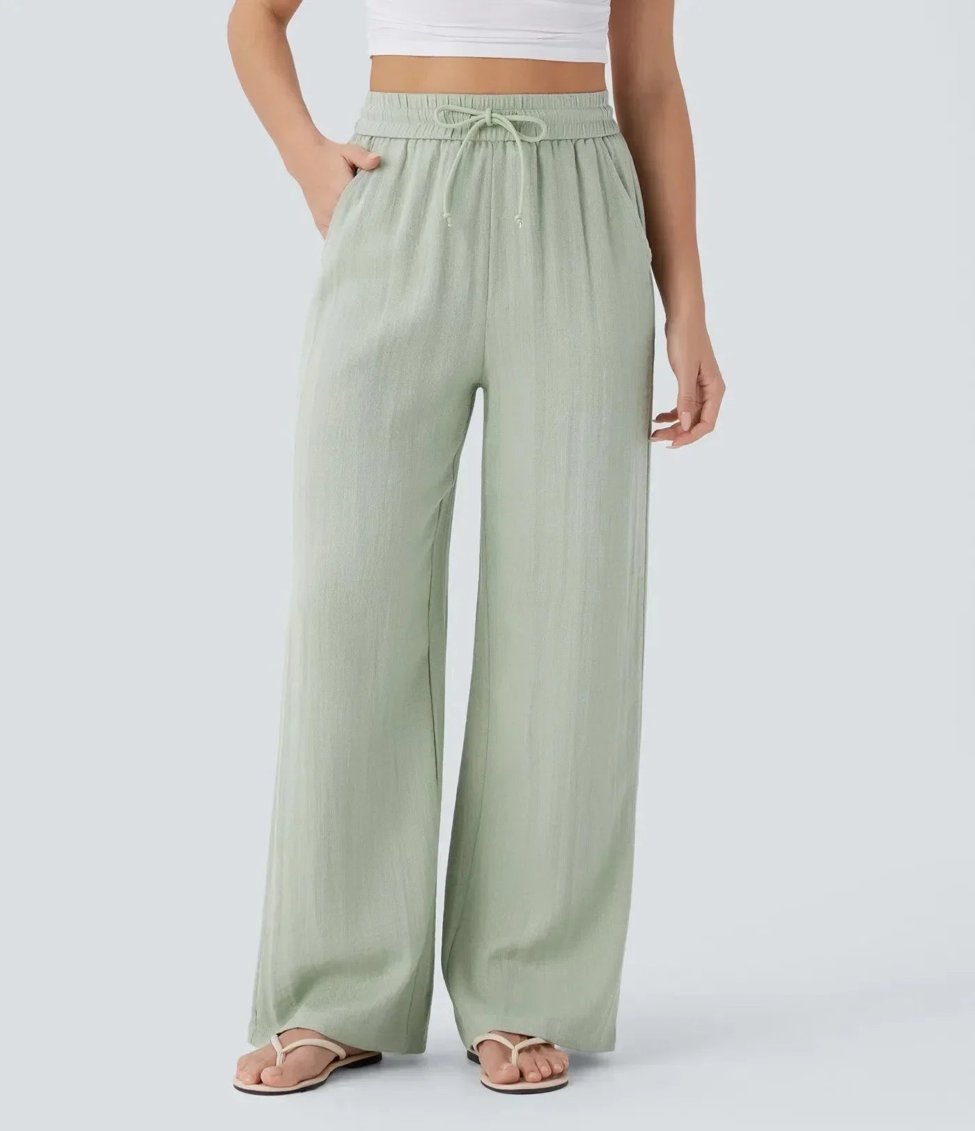 Linen Wide Leg Pants Elastic Waist And Adjustable Drawstring