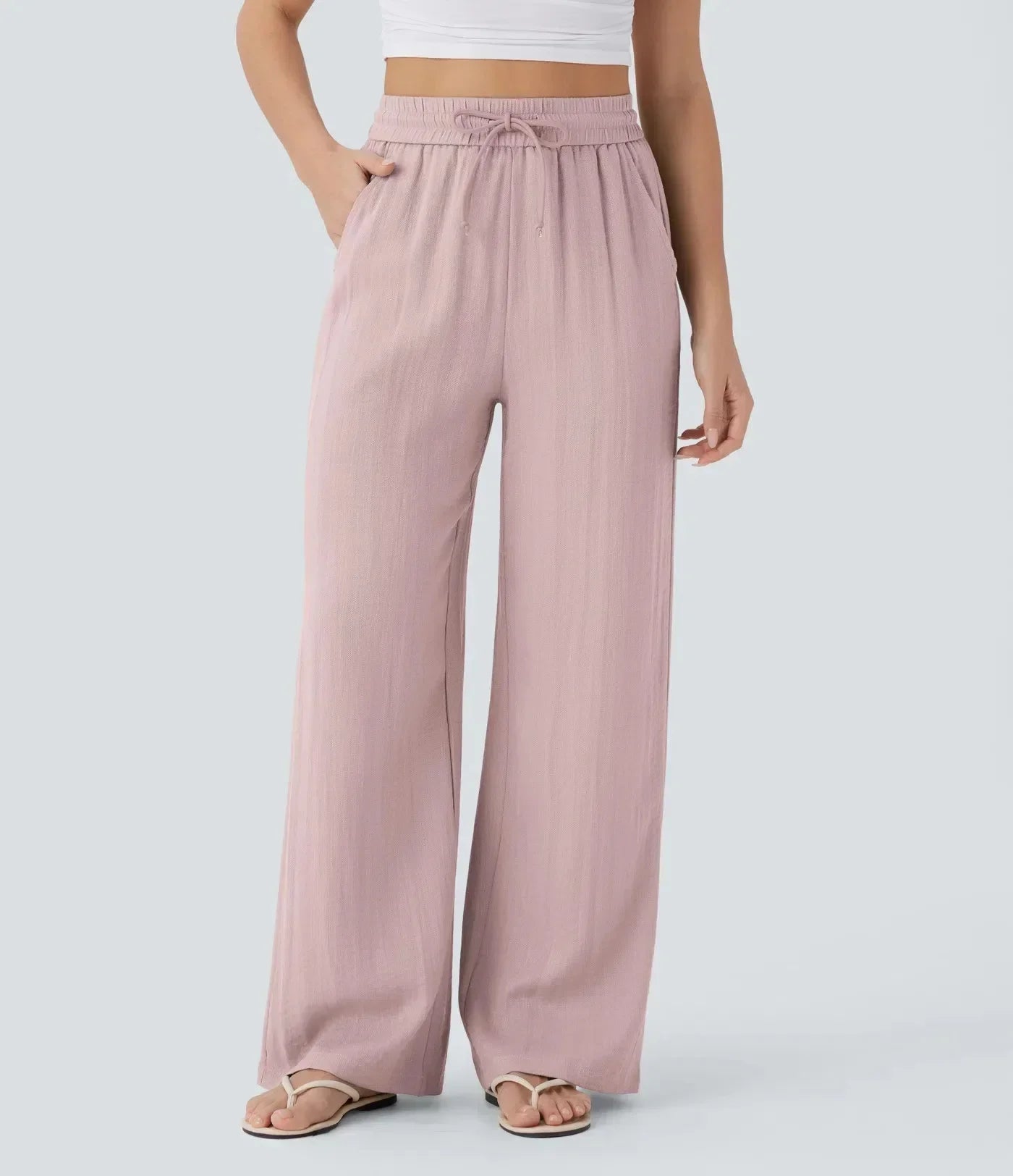 Linen Wide Leg Pants Elastic Waist And Adjustable Drawstring