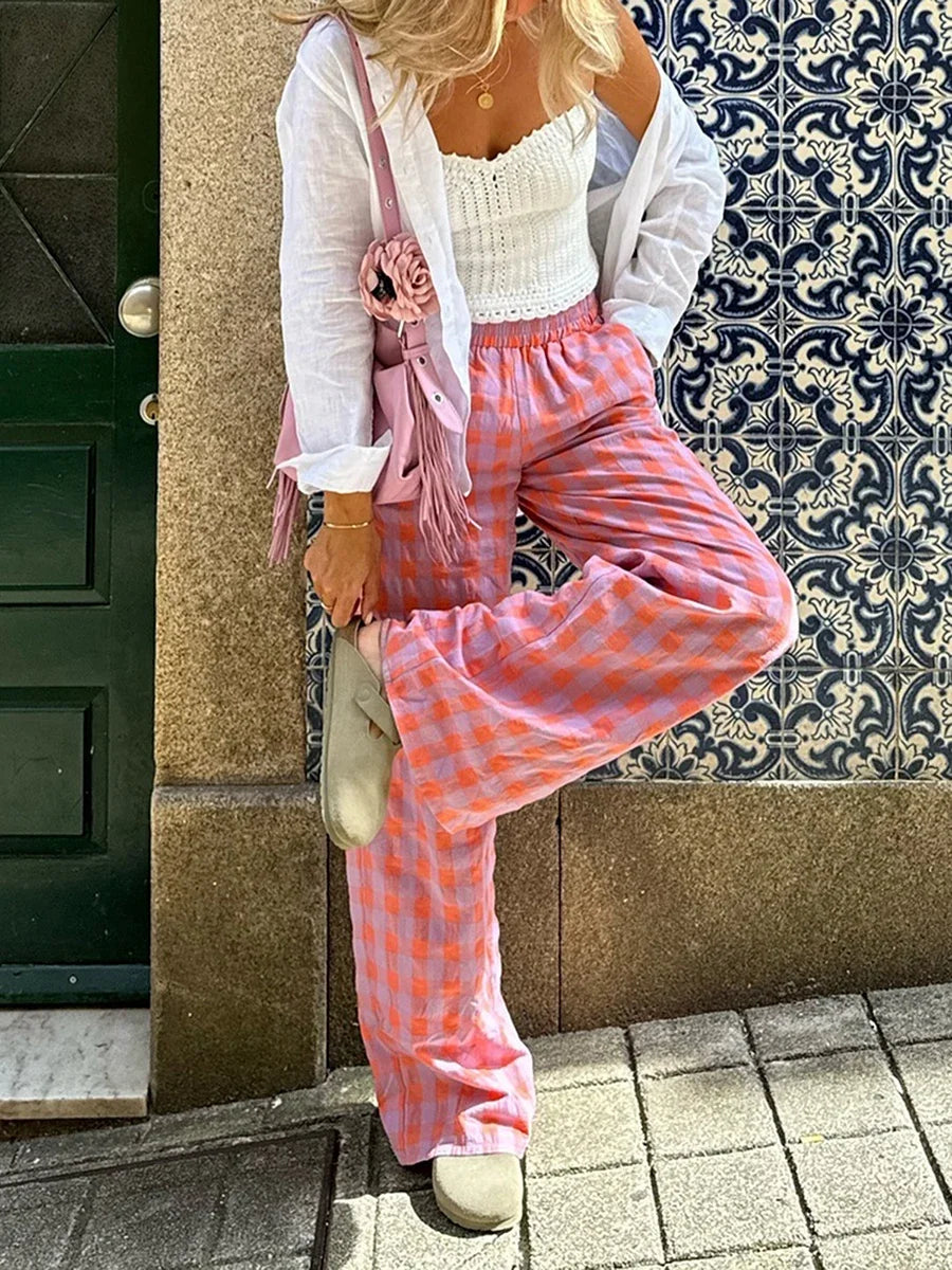 Plaid High-Waist Straight-Leg Trousers